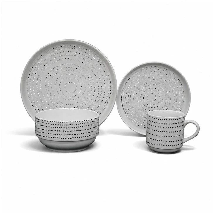 Set de veselă din ceramică, cercuri concentrice cu puncte negre, farfurii moderne din porțelan, boluri, căni, veselă