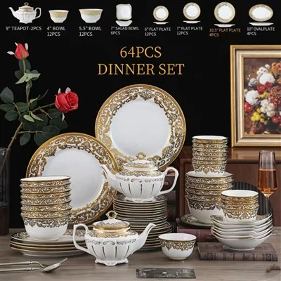 Set de veselă de lux din porcelană din os, 64 buc